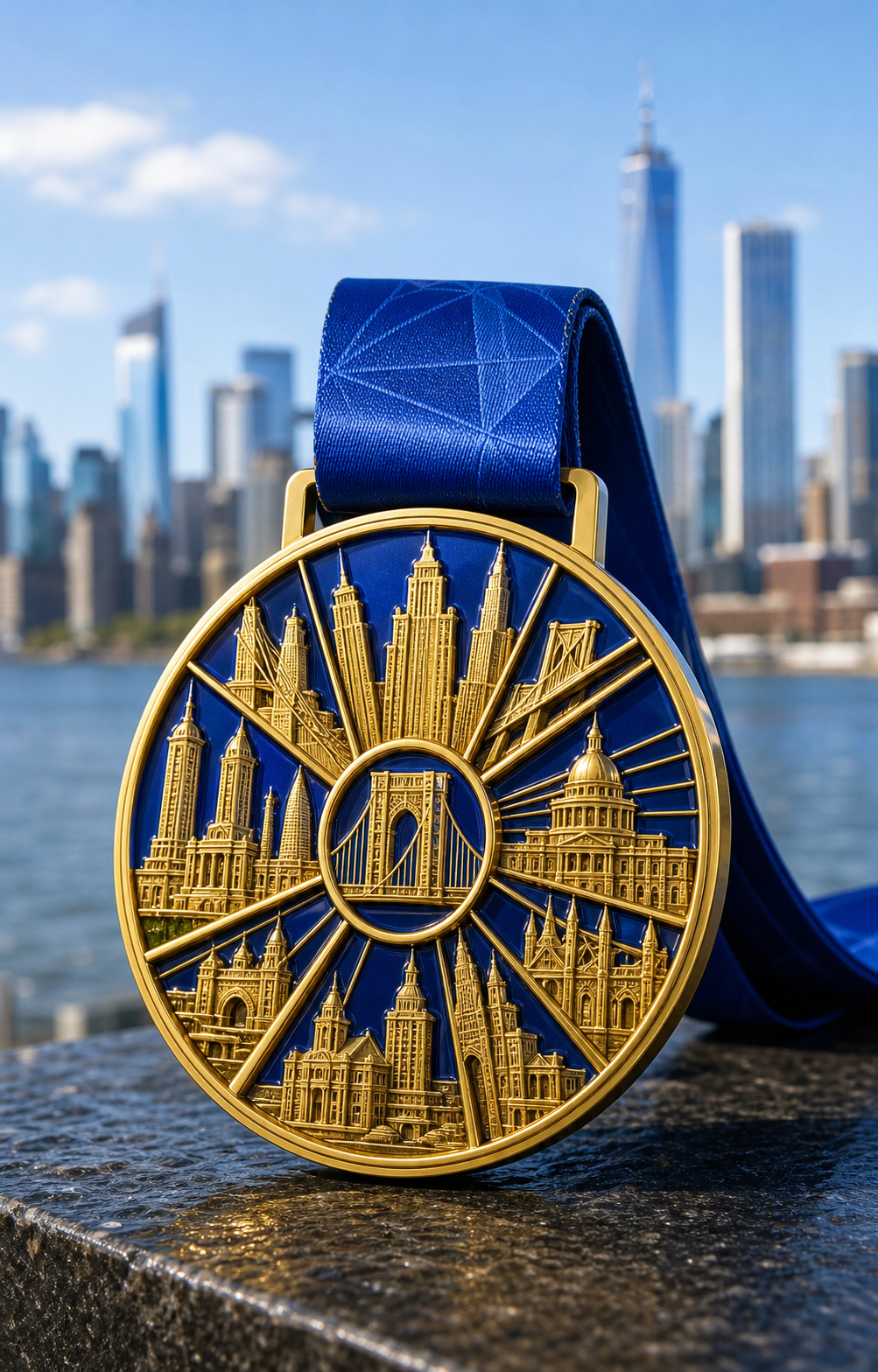 Gold and blue city landmark marathon medal with architectural relief