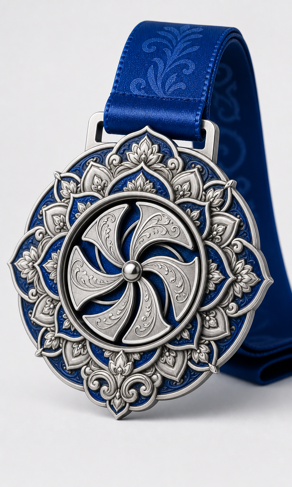 Custom moving center marathon medal with detailed 3D floral relief